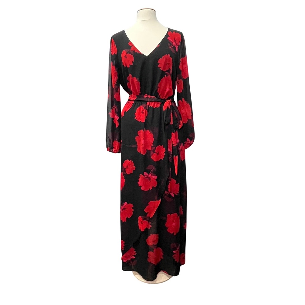 INC Statement Womens M Black Red Floral Maxi Dress Formal Cocktail Bloomcore